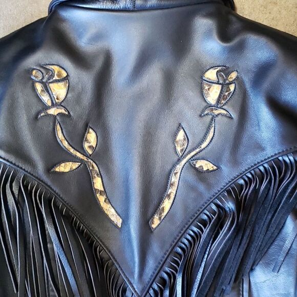 Steer Brand Vtg Leather Jacket with Fringe and Snakeskin Roses Design Sz 12 - Picture 5 of 16